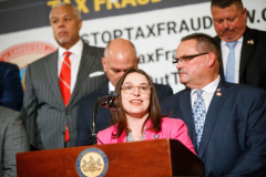 April 12, 2022: Senator Lindsey Williams speaks at the Carpenters Tax Fraud Day of Action in Harrisburg.