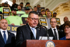 April 12, 2022: Senator Lindsey Williams speaks at the Carpenters Tax Fraud Day of Action in Harrisburg.