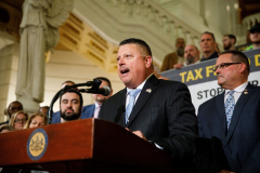 April 12, 2022: Senator Lindsey Williams speaks at the Carpenters Tax Fraud Day of Action in Harrisburg.