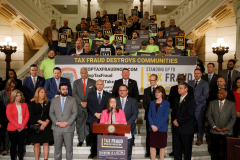 April 12, 2022: Senator Lindsey Williams speaks at the Carpenters Tax Fraud Day of Action in Harrisburg.