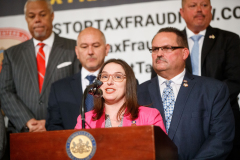 April 12, 2022: Senator Lindsey Williams speaks at the Carpenters Tax Fraud Day of Action in Harrisburg.