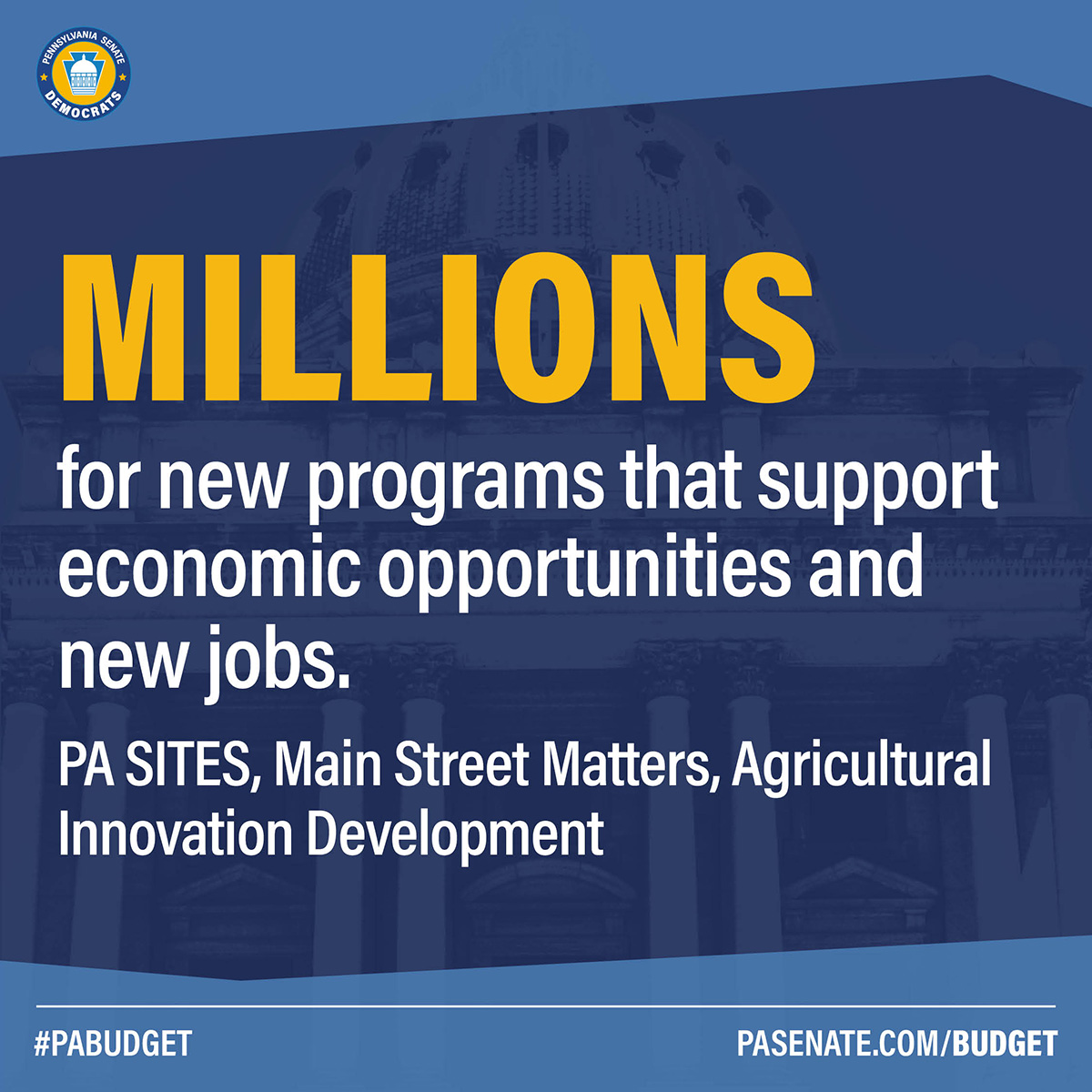 Millions for new programs that support economic opportunities and new jobs - PA SITES, Main Street Matters, Agricultural Innovation Development